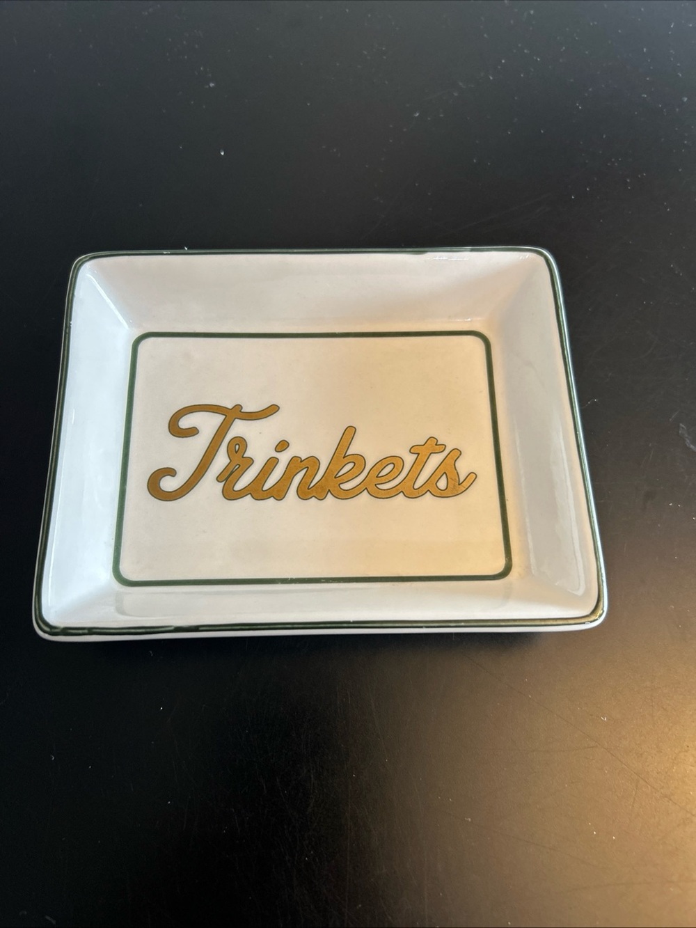 Godinger White Trinket Dish with Green Border and Gold Script